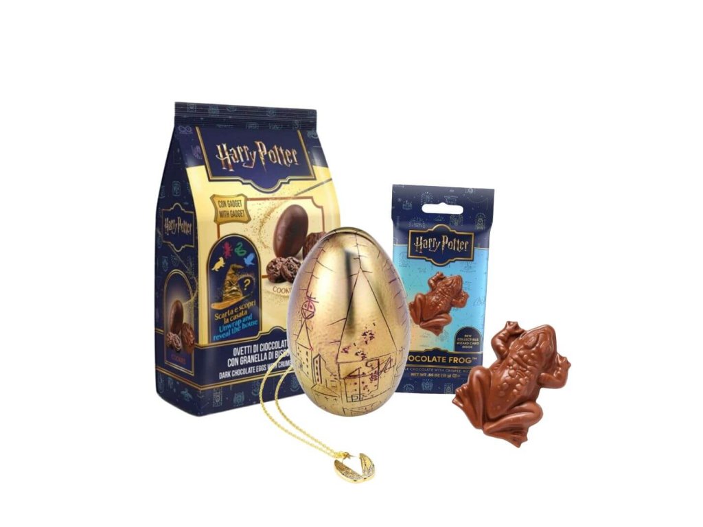 Harry Potter Easter Bundle – Golden Egg necklace tin, Chocolate Frog and cookies-filled chocolate eggs