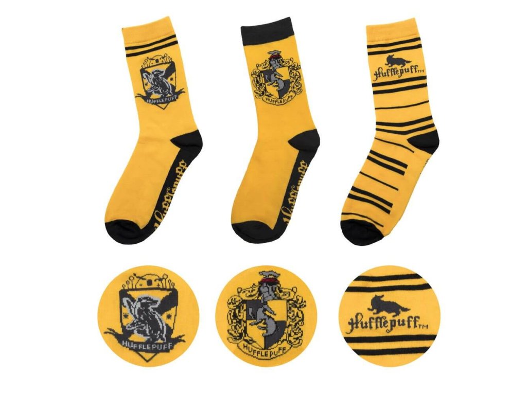 Harry Potter ponožky Mrzimor set 3 párů - vysoké ponožky v žluté a černé barvě koleje Hufflepuff